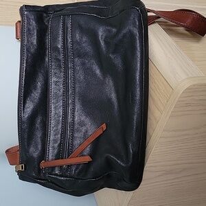 Fossil Black Soft Pebbled Leather Messenger Bag w Brown Leather and Canvas Strap